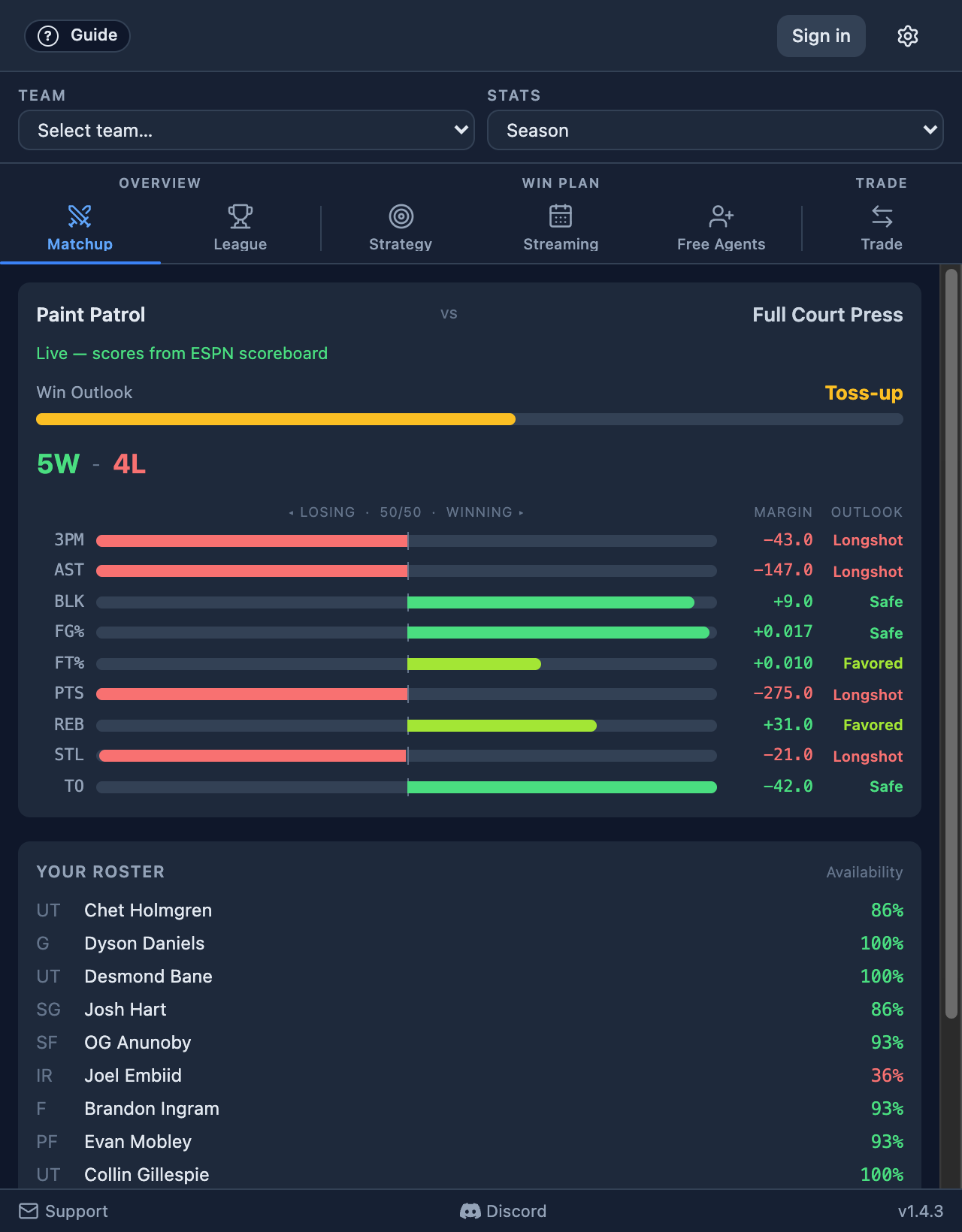 Matchup panel showing category-by-category win probabilities